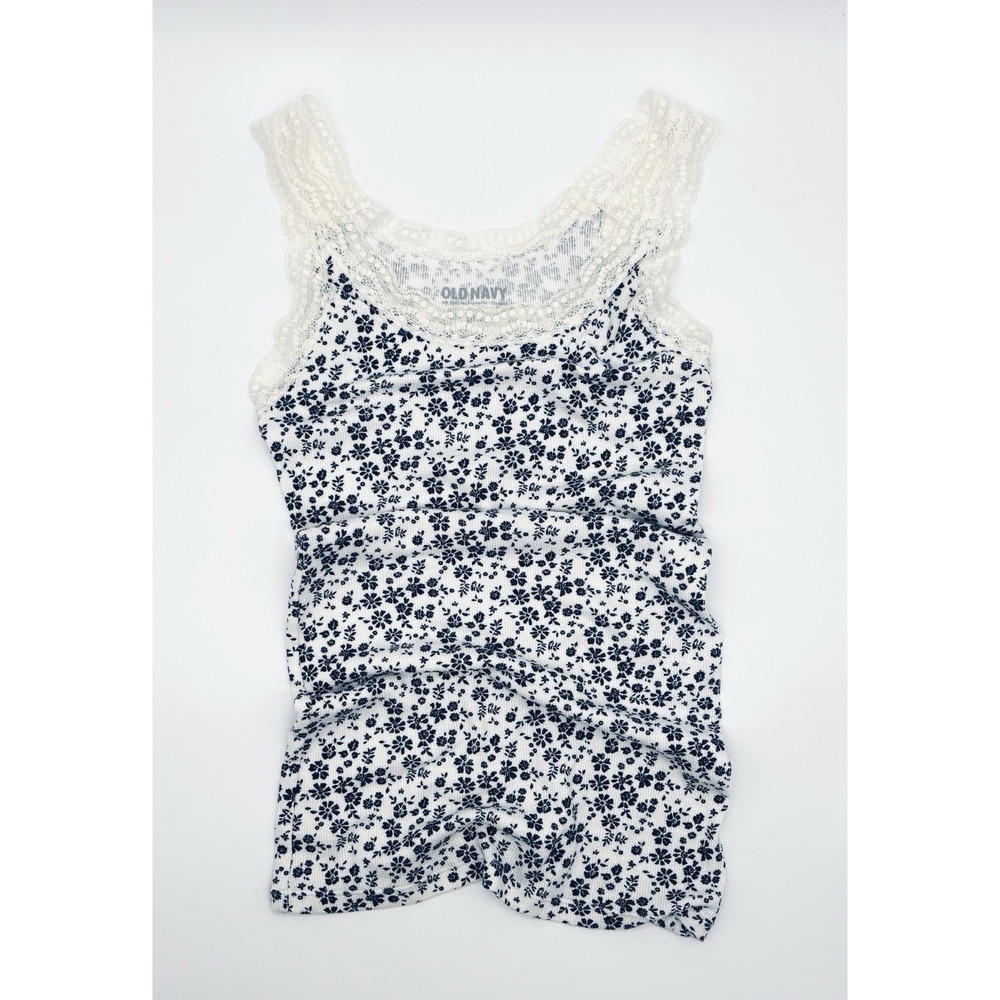 Old Navy Tank Top Womens White Blue Floral Lace Trim Ribbed Scoop Neck Small
